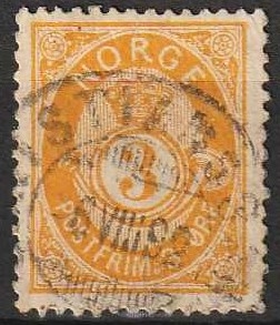 FRIMÆRKER NORGE | 1882 - AFA 35 - Uskraveret Posthorn - 3 øre orangegul - Stemplet